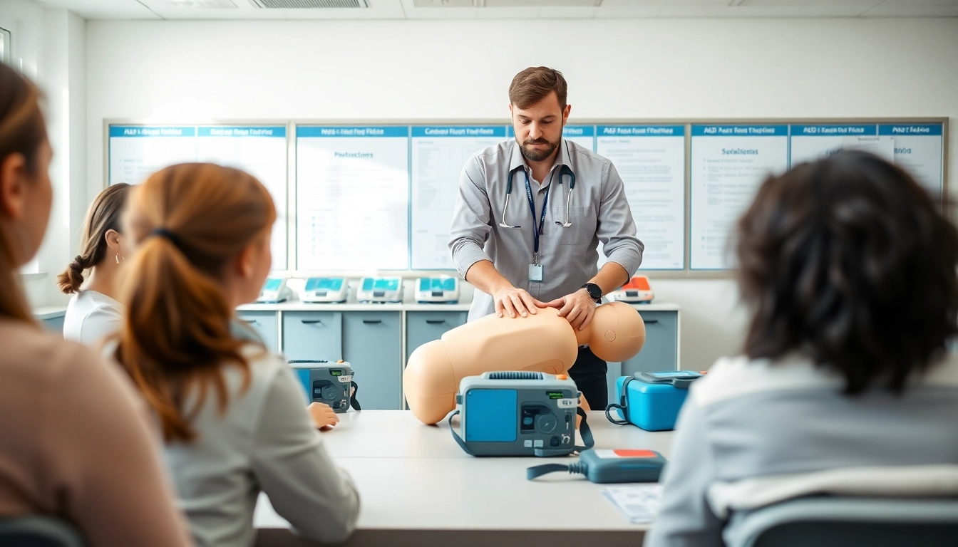 Engaged participants in an AED Instructor Class demonstrating CPR techniques.