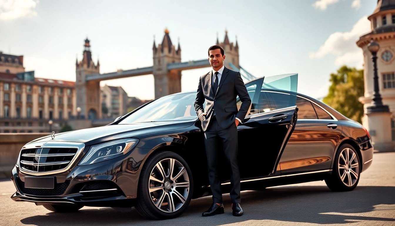 Experience luxury chauffeur service London with an elegant black sedan and professional chauffeur.
