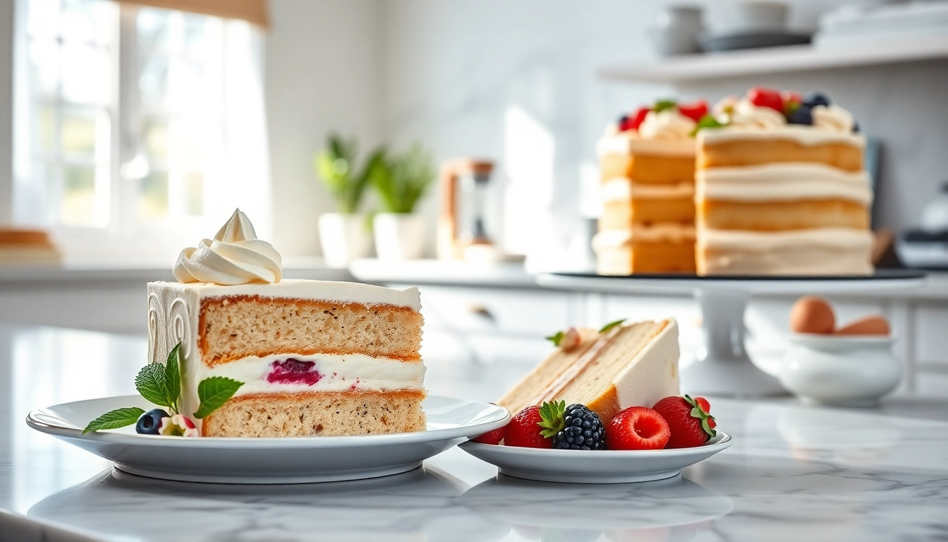 Maak een gesneden cake met mousseline room en vers fruit, prachtig gepresenteerd op een bord.