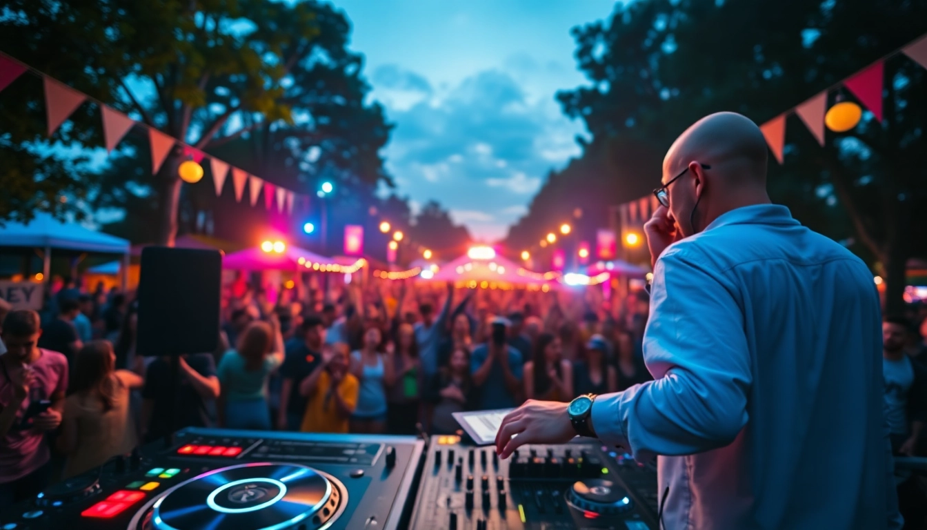 DJ services entertaining a lively crowd with colorful lights and a festive atmosphere.