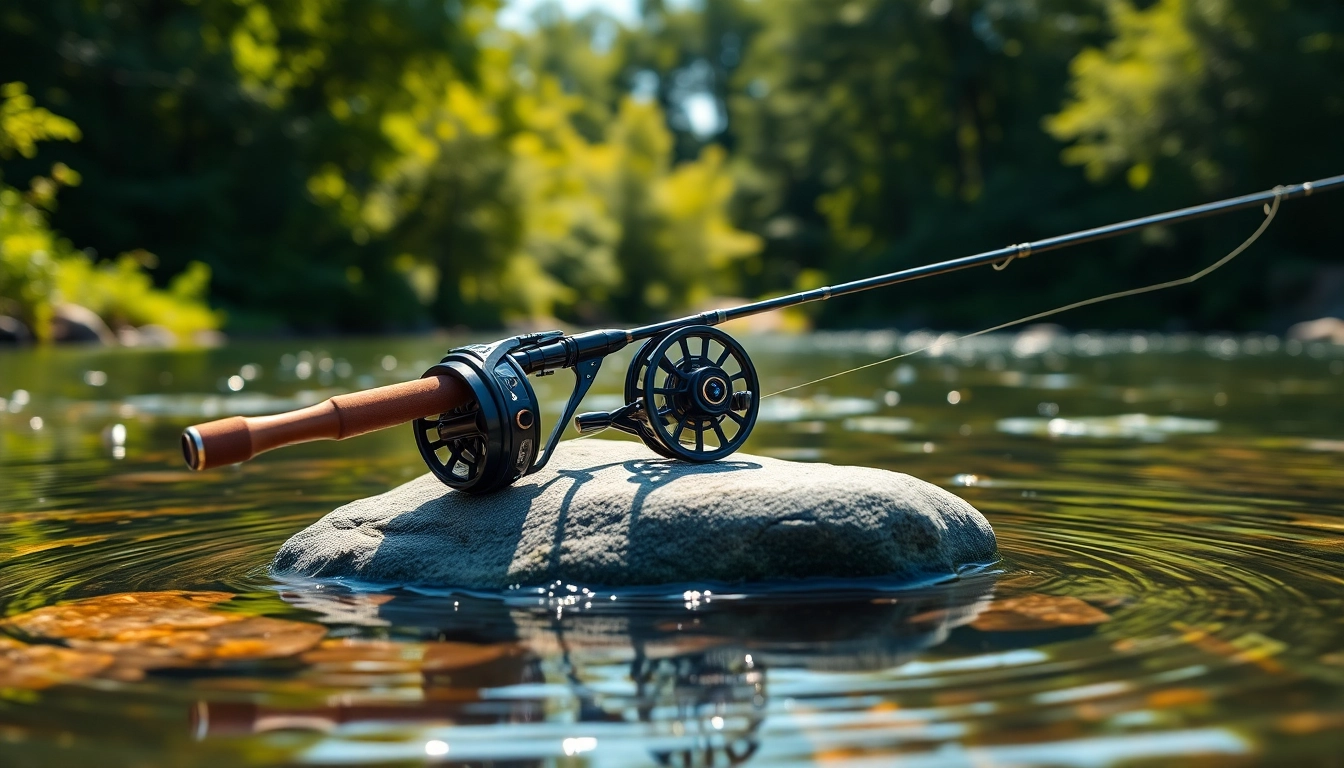Fly fishing combo elegantly displayed on a tranquil riverbank with bright sunlight.