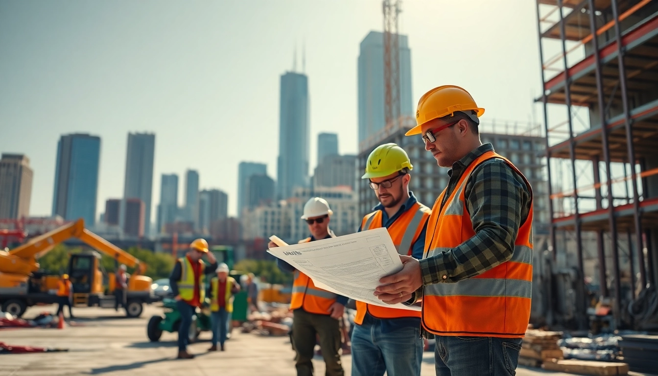 Austin construction workers collaborating on-site with blueprints against a vibrant skyline.