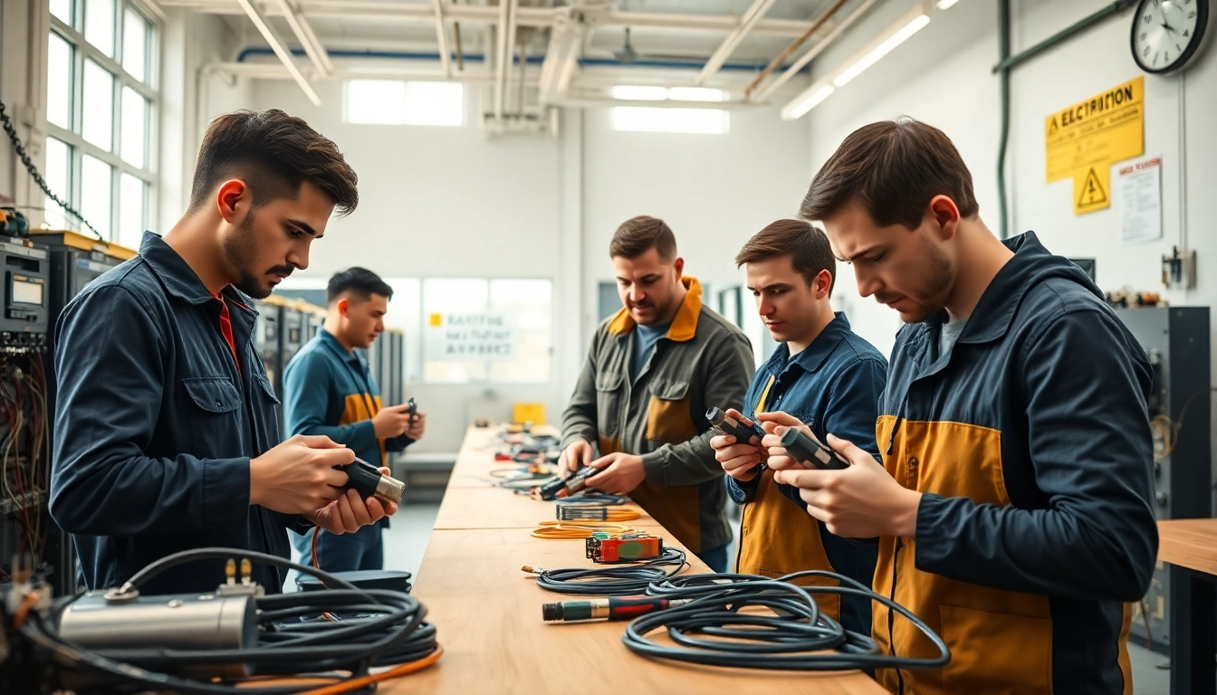 Electrician trade school Colorado hands-on training session with focused students in a bright workshop.