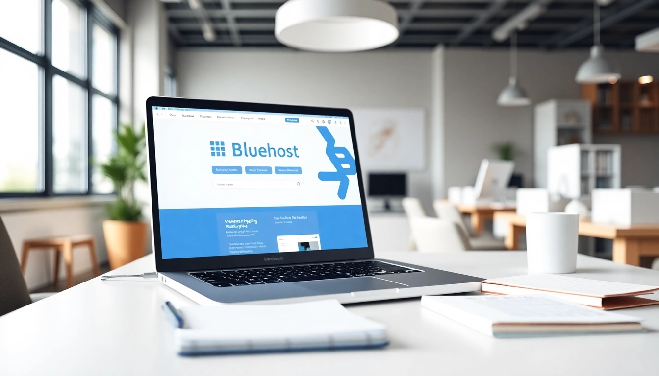 Showcasing a professional setup featuring Bluehost on a laptop in a bright office environment.