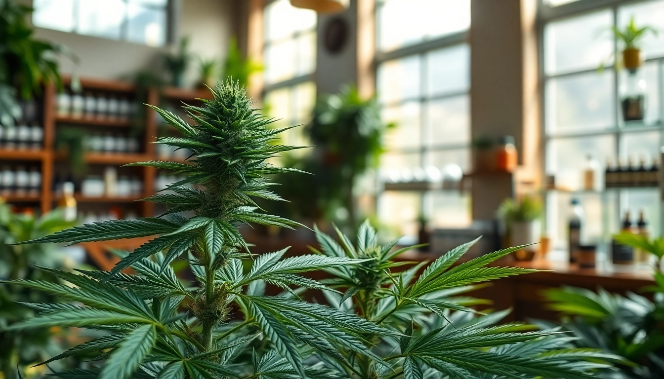 Showcasing CBD UK products with a cannabis plant in a tranquil herbal shop setting.