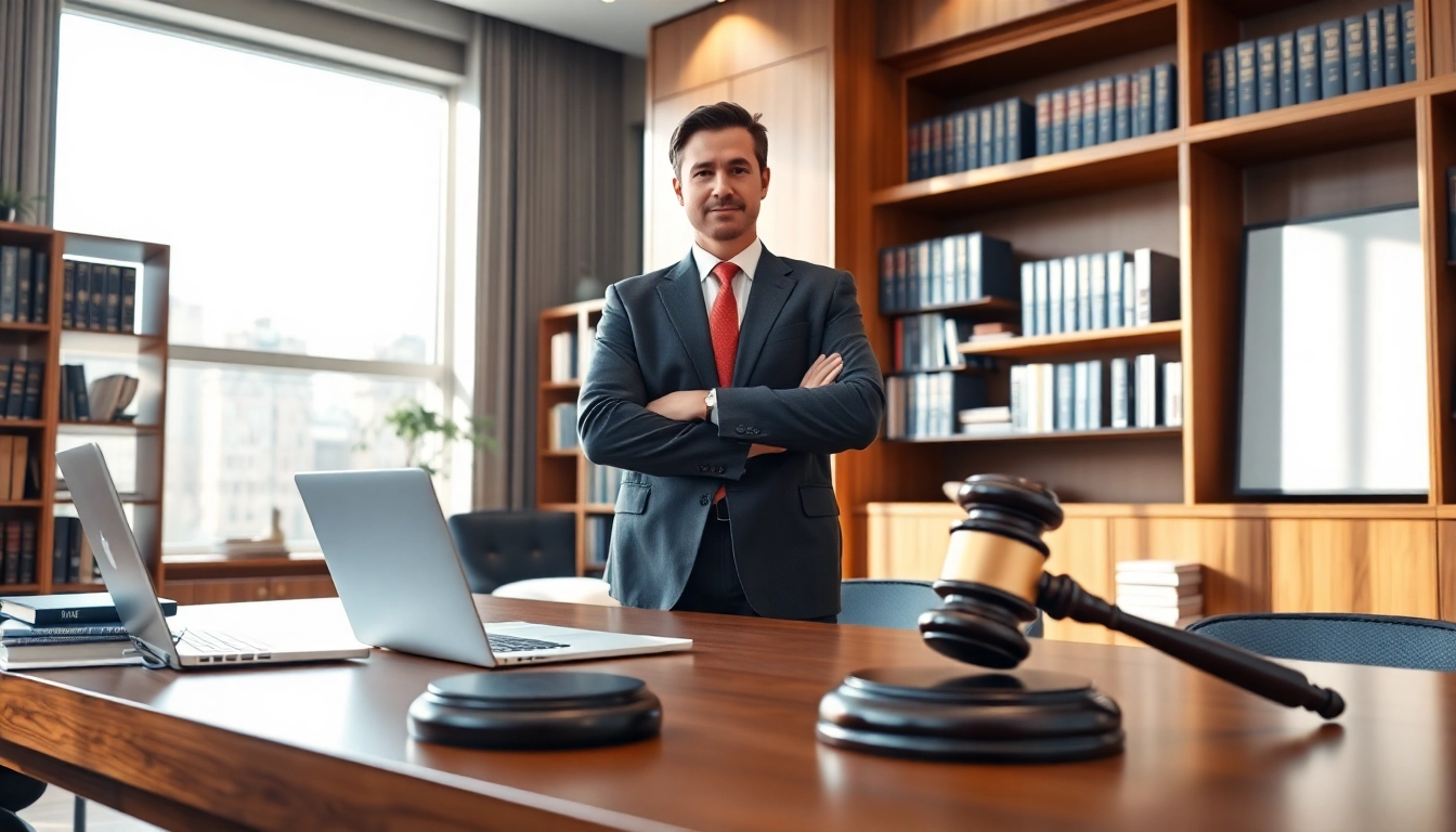 Eminent domain lawyer confidently discussing legal strategies in a modern office setting.