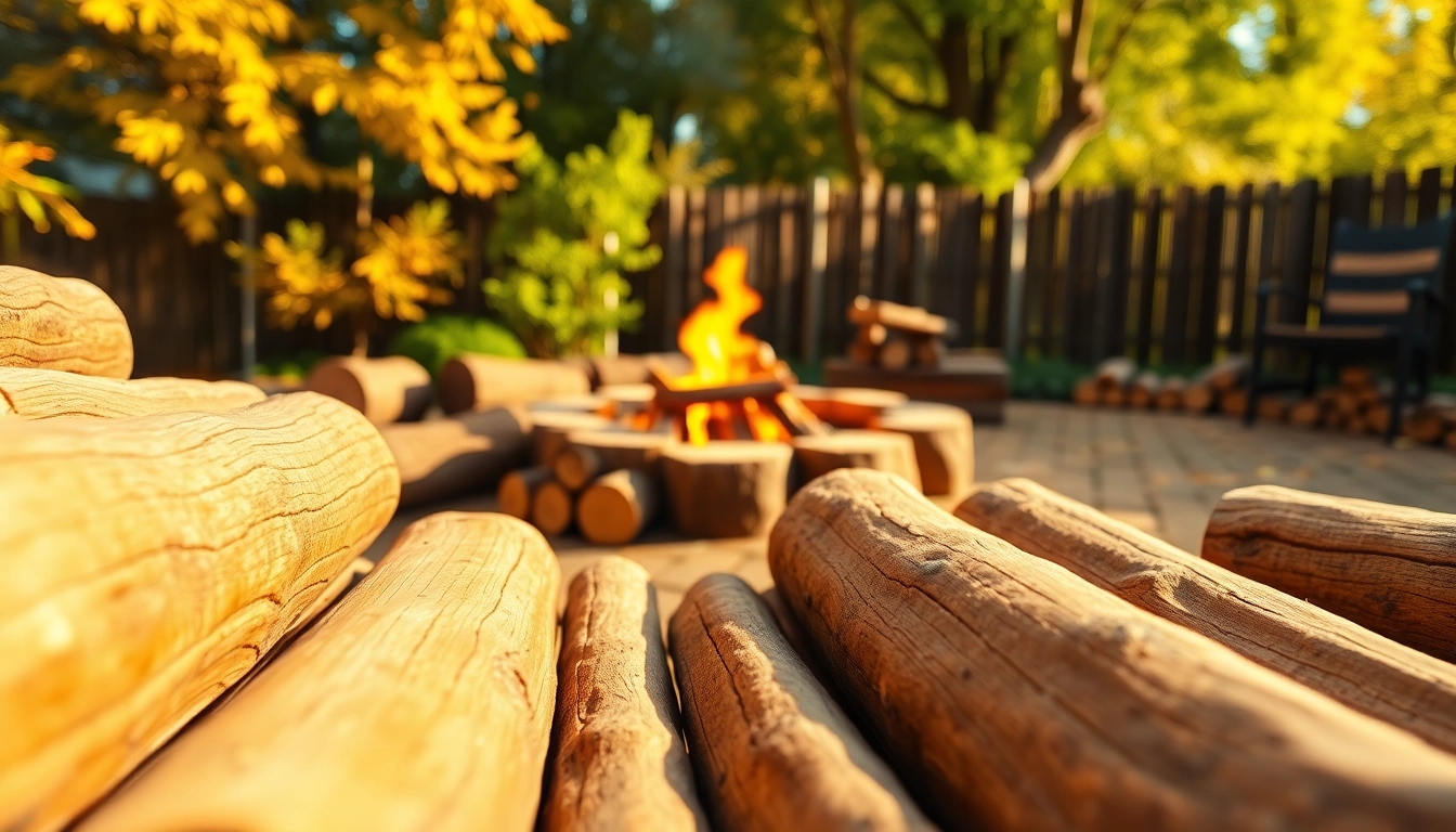Firewood logs stacked in a rustic yard, creating a warm outdoor ambiance.