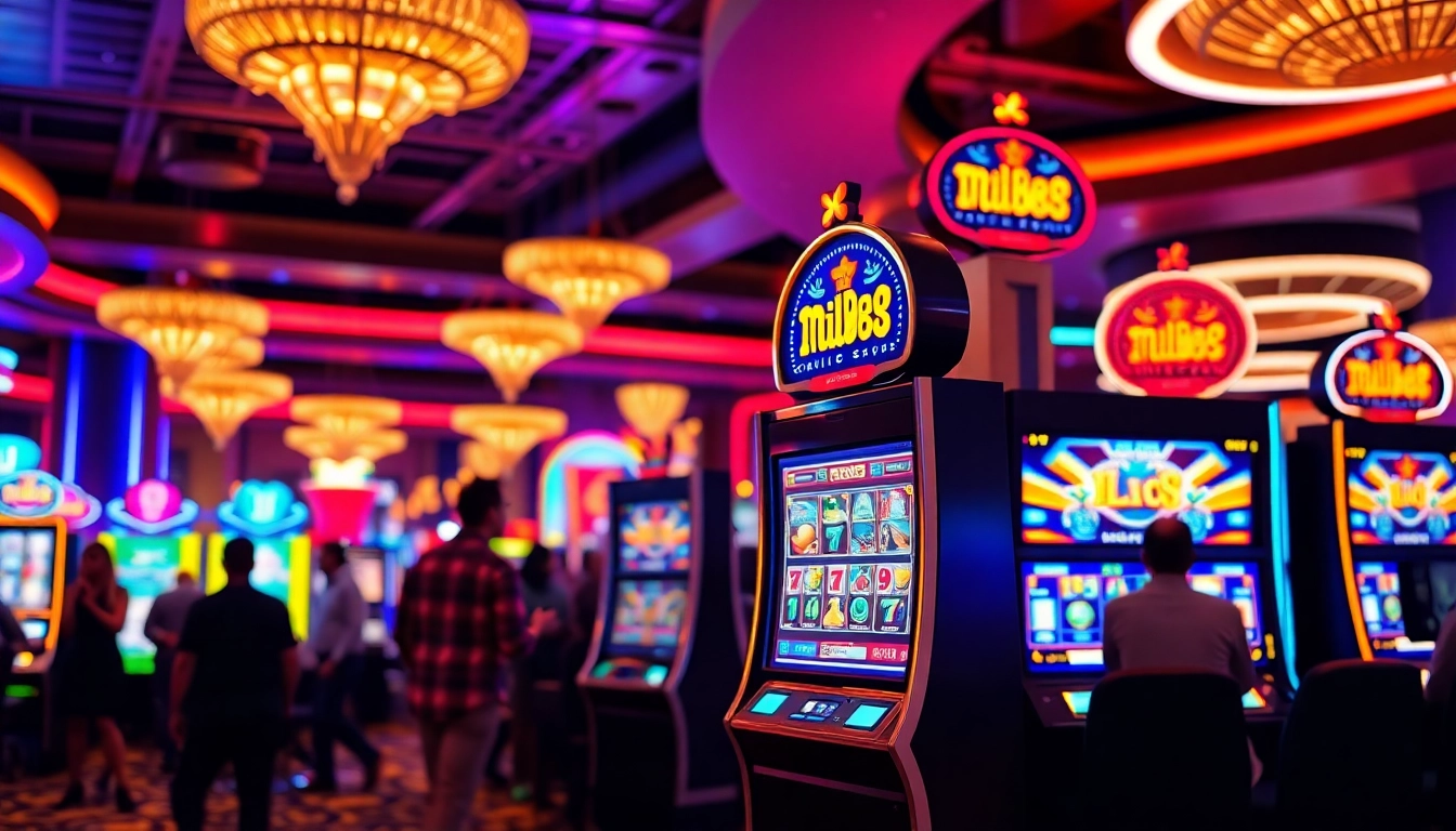 Menangkan di mesin mild88 slot dengan banyak cahaya dan suasana kasino yang ramai.